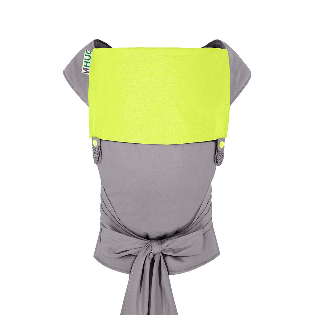 portabebè mhug mei tai collezione Bicolore modello limelight fondo di base grigio con bavero verde acido bottoni a pressione verde acido visione totale frontale del portabebè