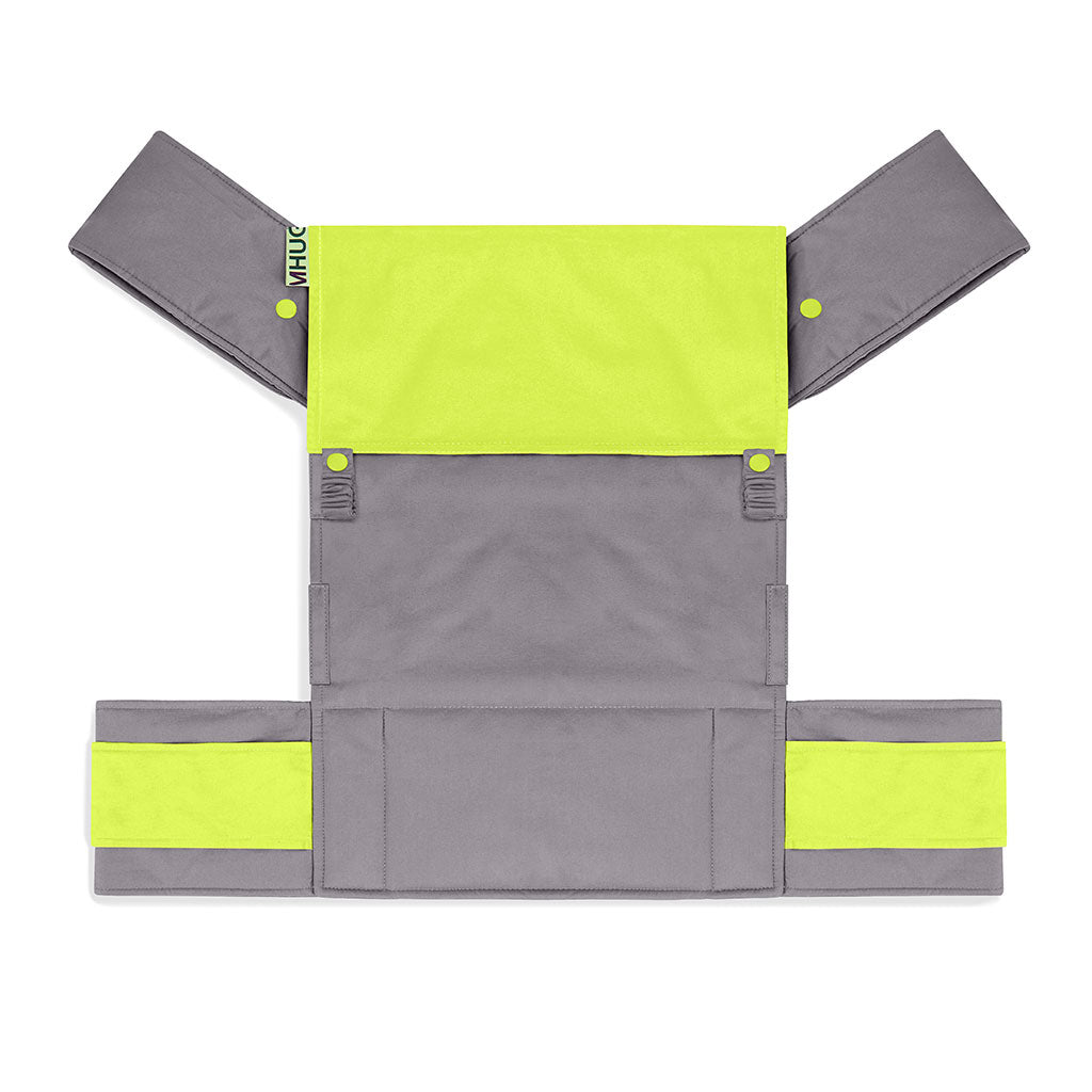 portabebè mhug mei tai collezione Bicolore modello limelight fondo di base grigio con bavero verde acido bottoni a pressione verde acido visione in pianta del portabebè