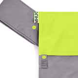 portabebè mhug mei tai collezione Bicolore modello limelight fondo di base grigio con bavero verde acido bottoni a pressione verde acido dettaglio imbottitura degli spallacci