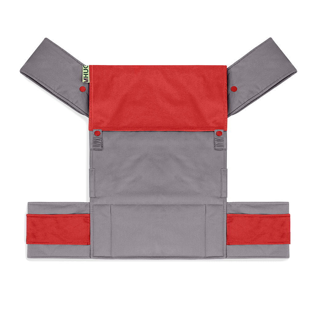 portabebè mhug mei tai collezione Bicolore modello Redchic fondo di base grigio con bavero rosso bottoni a pressione rossi visione in pianta del portabebè