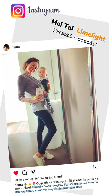 post @cipgg che indossa il portabebè Mhug Mei Tai mentre si scatta una foto guardandosi allo specchio