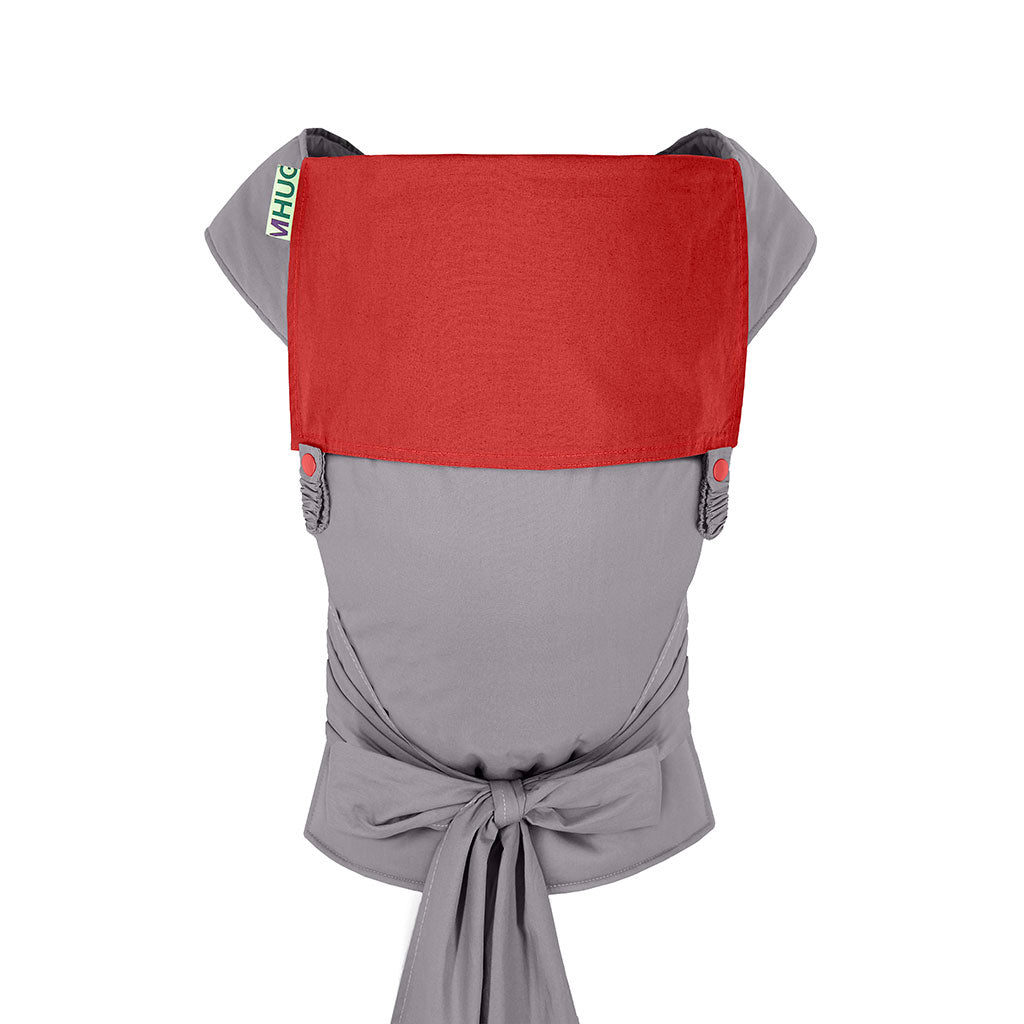 portabebè mhug mei tai collezione Bicolore modello Redchic fondo di base grigio con bavero rosso bottoni a pressione rossi visione totale frontale del portabebè